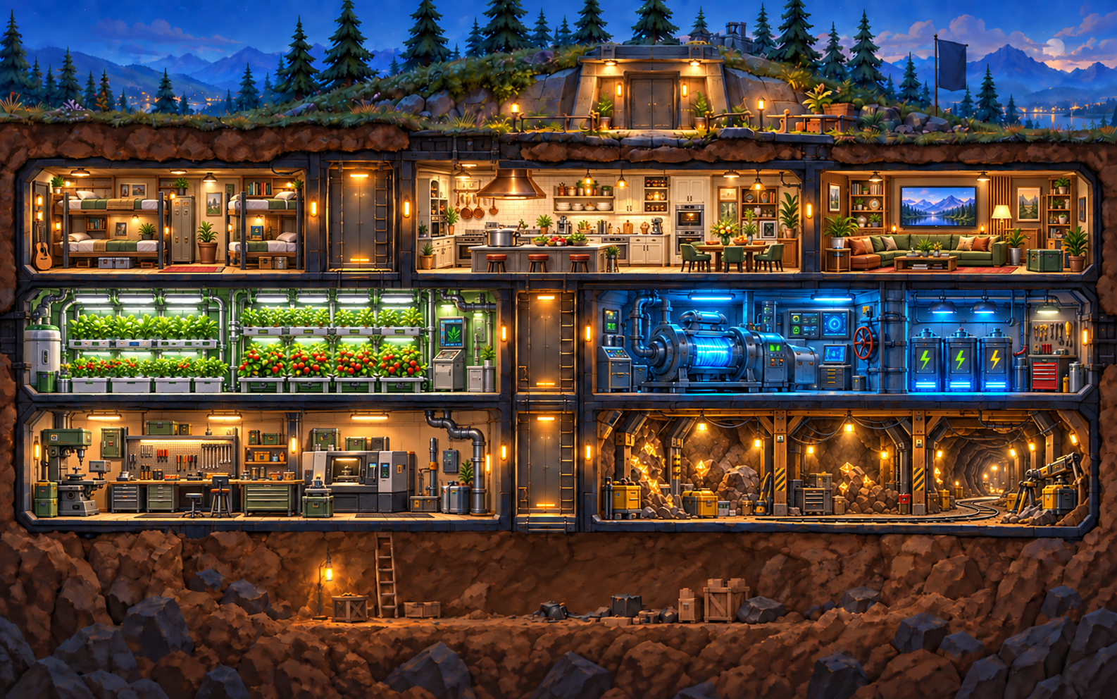 Underground bunker with living rooms, workshops and fortifications